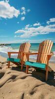 kust vrije tijd stoelen Aan zanderig strand onder blauw lucht en zonnig straling verticaal mobiel behang ai gegenereerd foto