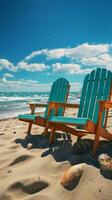 kust vrije tijd stoelen Aan zanderig strand onder blauw lucht en zonnig straling verticaal mobiel behang ai gegenereerd foto