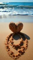 kust liefde hart geëtst Aan strand zand met backdrop van rollend golven verticaal mobiel behang ai gegenereerd foto