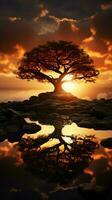 silhouet van een boom met zon stralen in de achtergrond verticaal mobiel behang ai gegenereerd foto