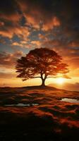 silhouet van een boom met zon stralen in de achtergrond verticaal mobiel behang ai gegenereerd foto