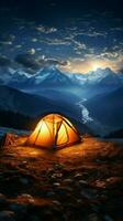 sterrenhemel top camping tent gooide hoog, ondergedompeld in bergachtig nachtelijk grootsheid verticaal mobiel behang ai gegenereerd foto