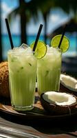 zomer tropisch cocktail in vers groen kokosnoot met twee kleurrijk paraplu's Aan palm boom bladeren achtergrond verticaal mobiel behang ai gegenereerd foto