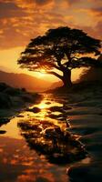 zonsopkomst kalmte bomen silhouet vereerd door teder zon stralen in rustig dageraad verticaal mobiel behang ai gegenereerd foto