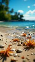 tropisch paradijs zand en wazig palm, strand bokeh verbeelden zomer reizen concept verticaal mobiel behang ai gegenereerd foto