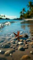 tropisch paradijs zand en wazig palm, strand bokeh verbeelden zomer reizen concept verticaal mobiel behang ai gegenereerd foto
