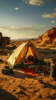 onbekend woestijn camping afgelegen plaats temidden van dor wildernis, verbinding verbroken van beschaving verticaal mobiel behang ai gegenereerd foto