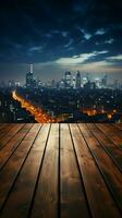 stedelijk horizon houten tafel onder wazig nacht lucht, stad gebouwen zacht verlichte verticaal mobiel behang ai gegenereerd foto