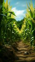 levendig maïs rijen sieren afgelegen agrarisch veld, een zee van groen spruiten verticaal mobiel behang ai gegenereerd foto