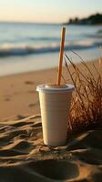 strand verfrissing dichtbij omhoog wit koffie beker, zwart rietje Aan zanderig kust Bij zonsopkomst verticaal mobiel behang ai gegenereerd foto