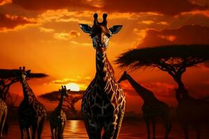 giraffen in schemering een getransformeerd tafereel onder de instelling zon ai gegenereerd foto