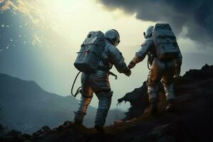 mensheid stijgen twee astronauten veroveren een berg in een transcendent moment ai gegenereerd foto