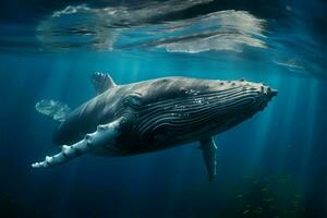 in blauw diepten, een jong gebochelde walvissen blij aquatisch prestatie ai gegenereerd foto