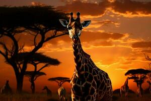instelling zon verlicht een getransformeerd landschap met een giraffe kudde ai gegenereerd foto