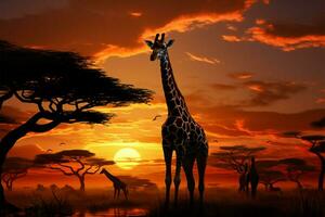 instelling zon verlicht een getransformeerd landschap met een giraffe kudde ai gegenereerd foto