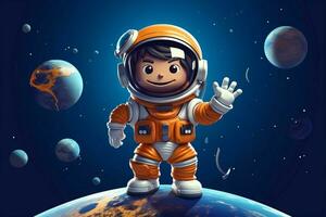 ruimte ontdekkingsreiziger tekenfilm astronaut golven van planeet in tech icoon ai gegenereerd foto