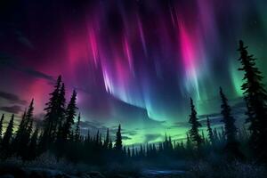 aurora's magie Purper en groen lichten bovenstaand de boom lijn ai gegenereerd foto