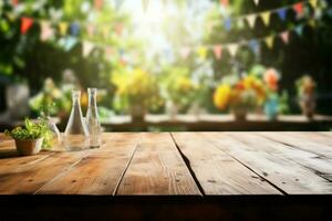 wazig tuin partij backdrop kaders een onbezet houten tafel prachtig ai gegenereerd foto