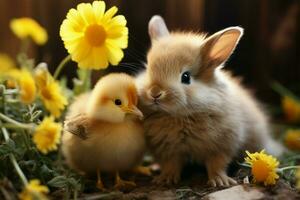 konijn en kuiken exposeren aanbiddelijk vriendschap, afdichting het met een kus ai gegenereerd foto