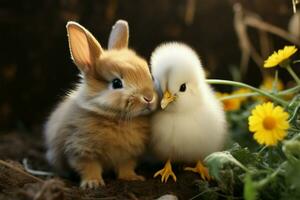 konijn en kuiken exposeren aanbiddelijk vriendschap, afdichting het met een kus ai gegenereerd foto