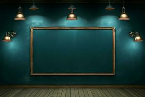schoolbord versierd, blauw omringt door een muur kamer verlichte door elegant lamp lichten ai gegenereerd foto