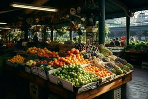 fruit en groenten markt gedijt onder een beschermend dak luifel ai gegenereerd foto