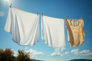 hangende kleren droog in de bries Aan de wasserij lijn ai gegenereerd foto