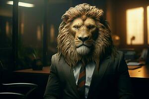 een zakelijke leidinggevend, met een leeuwen hoofd, zit voor over- de kantoor ai gegenereerd foto