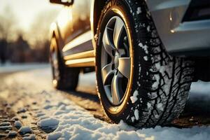 winter band dichtbij omhoog Aan een auto wiel navigeren besneeuwd weg ai gegenereerd foto