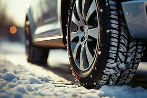 winter band dichtbij omhoog Aan een auto wiel navigeren besneeuwd weg ai gegenereerd foto
