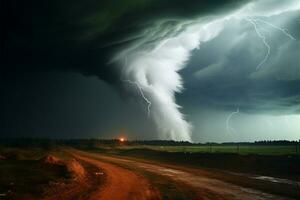 een woest en krachtig tornado, een verwoestend natuurlijk fenomeen ai gegenereerd foto