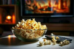 een huiselijk tafereel popcorn in een glas schaal, TV in actie ai gegenereerd foto