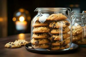 pinda boter havermout chocola spaander koekjes in een glas pot ai gegenereerd foto