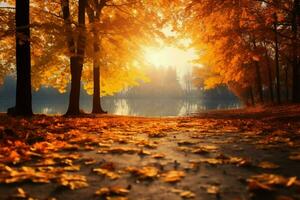 toneel- herfst landschap gouden bomen, zon, vallend bladeren, seizoensgebonden schoonheid ai gegenereerd foto