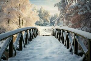 een winter wonderland tafereel een besneeuwd, houten brug Aan een verkoudheid dag ai gegenereerd foto