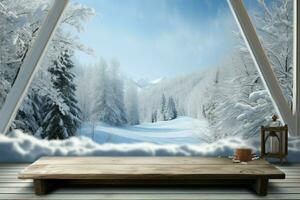 sneeuwvlok gekleed bureau ruimte, uitnodigend u naar genieten de winter panorama ai gegenereerd foto