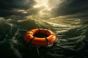 stormachtig oceaan tafereel oranje leven boei gevaarlijk drijft te midden van tumult ai gegenereerd foto