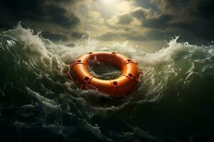 turbulent zee een oranje leven boei drijft te midden van de stormachtig golven ai gegenereerd foto