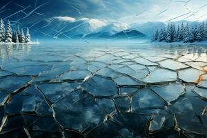 winters grip een bevroren meer, gebarsten blauw ijs, en pijnboom gekleed heuvels ai gegenereerd foto