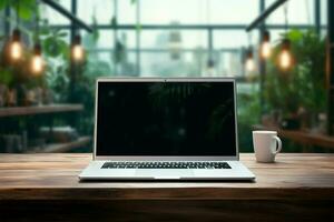 houten tafel met laptop, scherm blanco, werkruimte klaar voor actie ai gegenereerd foto