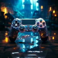 laat nacht gaming sessie blauw themed video spel, bedieningshendel dichtbij omhoog, duiken in virtueel avontuur voor sociaal media post grootte ai gegenereerd foto