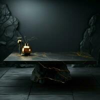 eenzaam tafel, strak marmer, ebbehout balie, tegen donker backdrop voor sociaal media post grootte ai gegenereerd foto