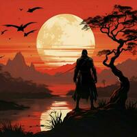 majestueus silhouet, samurai klaar Bij zonsondergang, een iconisch houding tegen levendig backdrop voor sociaal media post grootte ai gegenereerd foto