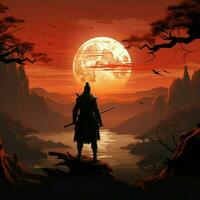 majestueus silhouet, samurai klaar Bij zonsondergang, een iconisch houding tegen levendig backdrop voor sociaal media post grootte ai gegenereerd foto