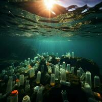 Open zee besmet door plastic flessen en microplastics, symboliseert marinier plastic verontreiniging voor sociaal media post grootte ai gegenereerd foto