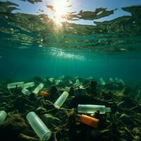 plastic fles verontreiniging verzwakt oceaan Gezondheid, markeren ecologisch crisis voor sociaal media post grootte ai gegenereerd foto