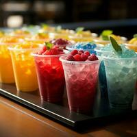 plastic cups houden bevroren fruit slushies, uitgelijnd in een kleurrijk, ijzig rij voor sociaal media post grootte ai gegenereerd foto