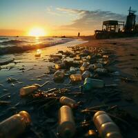 plastic verspilling en weigeren vloek zanderig kustlijn, reflecterend strand vervuilingen milieu tol voor sociaal media post grootte ai gegenereerd foto