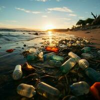 plastic overblijfselen verstrooien strand, onderstrepen milieu kwaad veroorzaakt door strand verontreiniging voor sociaal media post grootte ai gegenereerd foto