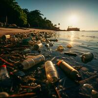 kustlijn rommelig met weggegooid artikelen, Opmerkelijk plastic flessen, illustreren strand verontreiniging voor sociaal media post grootte ai gegenereerd foto